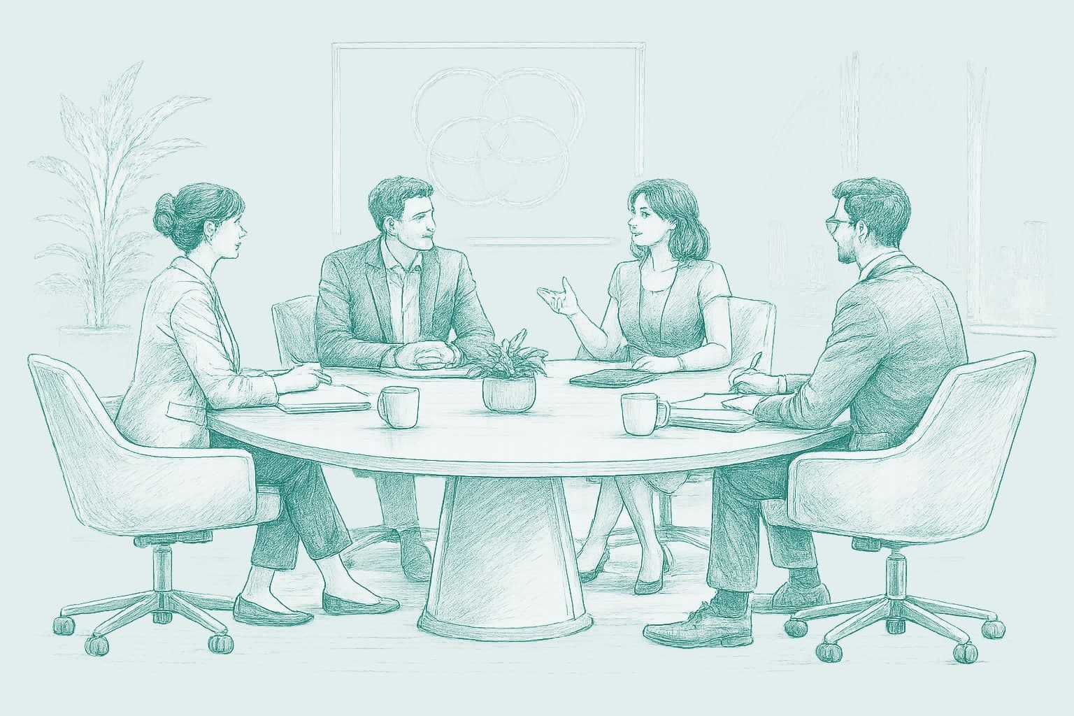 Illustration of four people in a mediation session around a table, with the Venn Mediation emblem on the wall behind them.